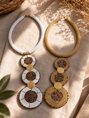 Beaded Triple Disk Statement Necklace - White & Gold
